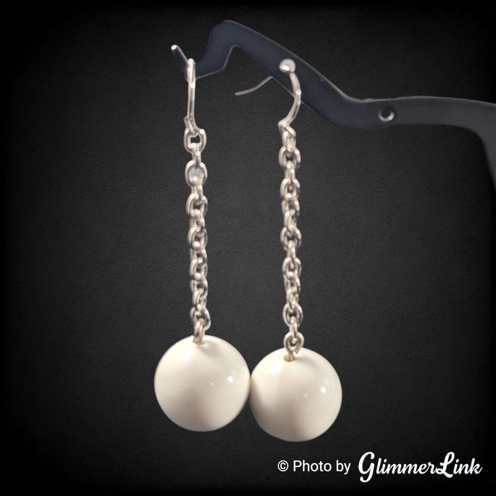 White Ball Silver Tone Chain Drop Dangle Earrings
